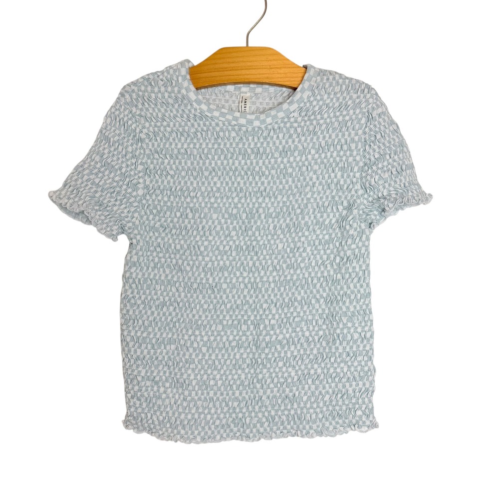 American Eagle Smocked Checkered Top Blue White Short Sleeve Crew Neck Small